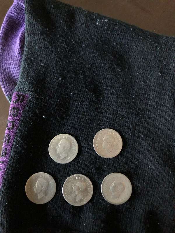COLLECTION OF 5 UNION OF SOUTH AFRICA THREEPENCE (1941, 1942, 1943, 1945 & 1950)