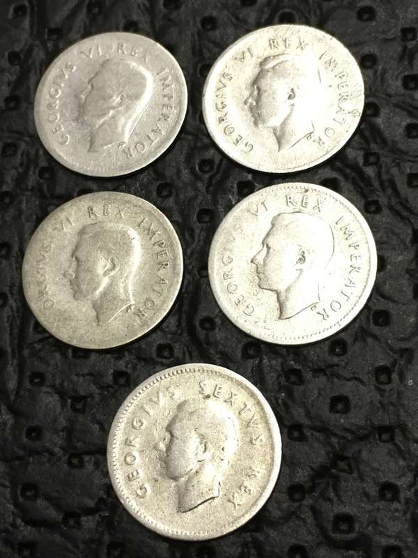 COLLECTION OF 5 UNION OF SOUTH AFRICA THREEPENCE (1941, 1942, 1943, 1945 & 1950)