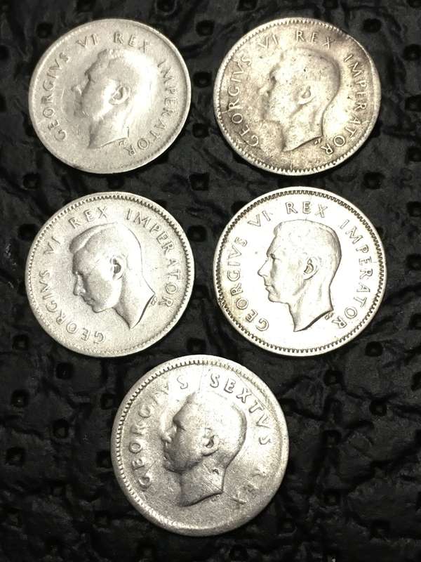 COLLECTION OF 5 UNION OF SOUTH AFRICA THREEPENCE (1941, 1942, 1943, 1945 & 1950)