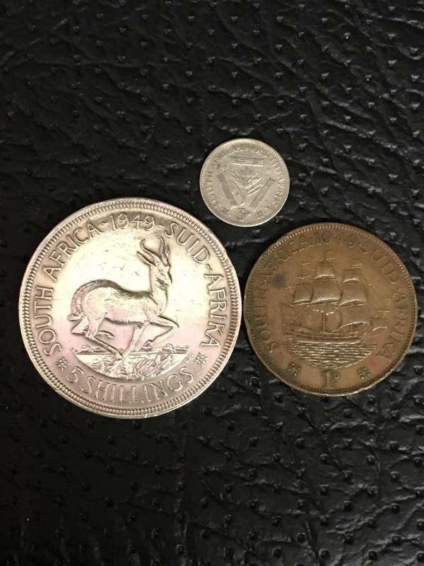 COLLECTION OF 3 UNION OF SOUTH AFRICA 1949 COINS (CROWN, 3D & 1D)
