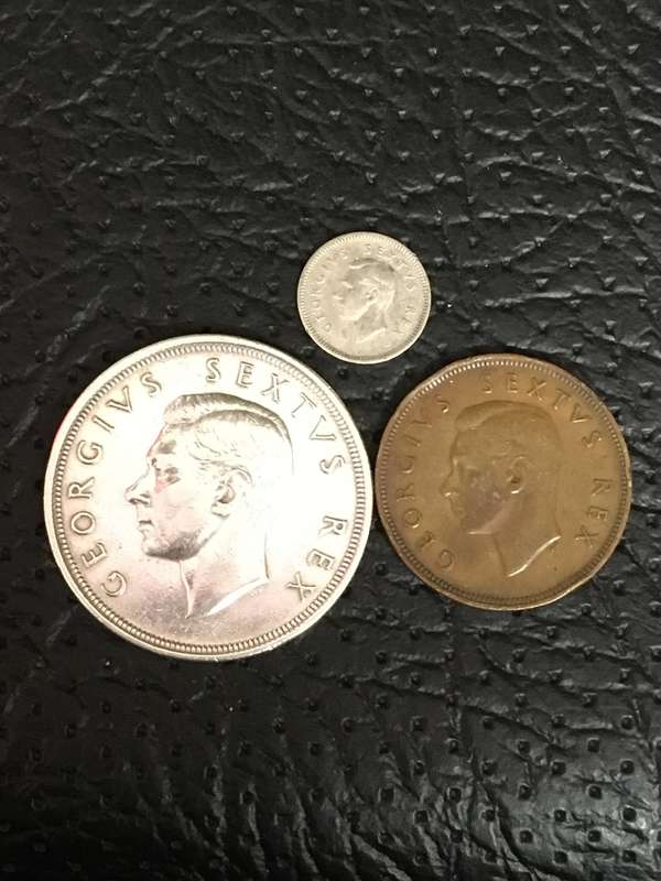 COLLECTION OF 3 UNION OF SOUTH AFRICA 1949 COINS (CROWN, 3D & 1D)
