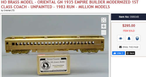 HO SCALE ORIENTAL LIMITED 1935 FIRST CLASS BRASS COACH