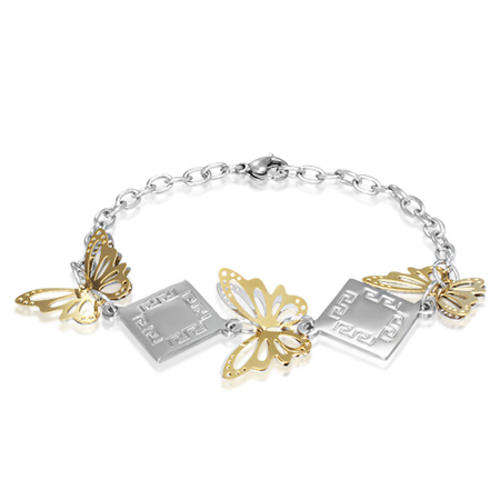 Stainless Steel 2-Tone Butterfly Greek Bracelet