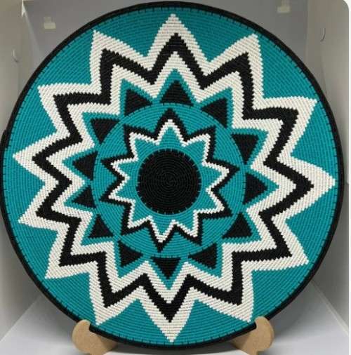 African telephone wire plate - 35cm - Teal, White and Black