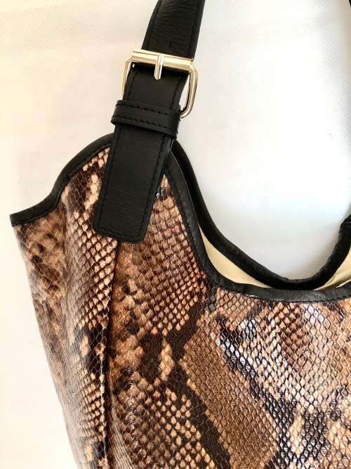 Genuine Italian Leather Brown Hobo Handbag Snake Emboss  -MADE IN ITALY