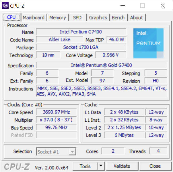 Intel Pentium GOLD G7400 12th Gen 3.70GHz LGA1700 Alder Lake Processor