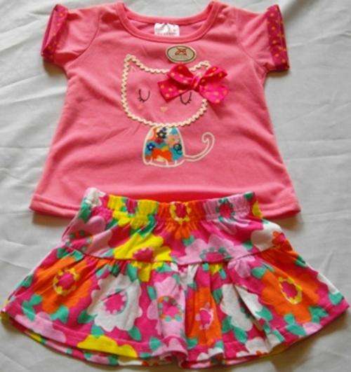 Matching Set Girl - Pink Kitty -T-shirt and Skirt Set- 3-6 Months - Baby Clothes