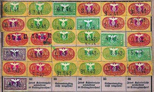 WW 2 Nazi Germany Invalidenversicherung Quittungskarte with 31 revenue medical stamp