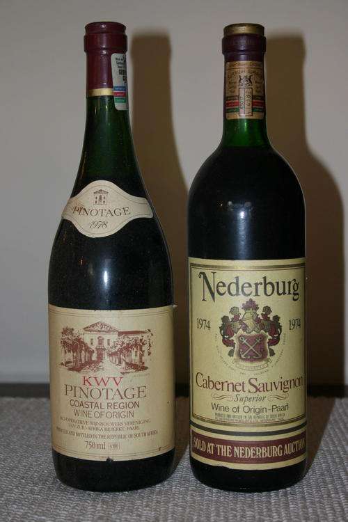 red wine, exlusive, nederburg 1974 cabernet sav. and KWV 1978 Pinotage