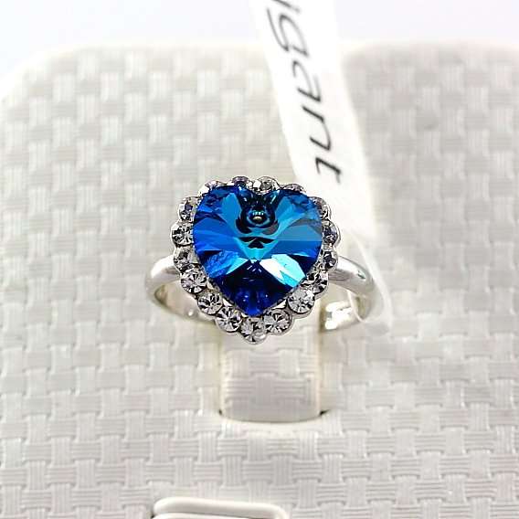 Blue Imitation Sapphire Heart Shaped Ring with Crystals