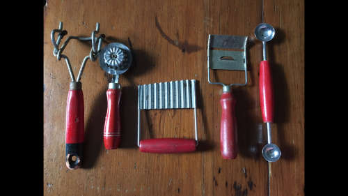 5 x Vintage Kitchen Utensils with Red wooden handles