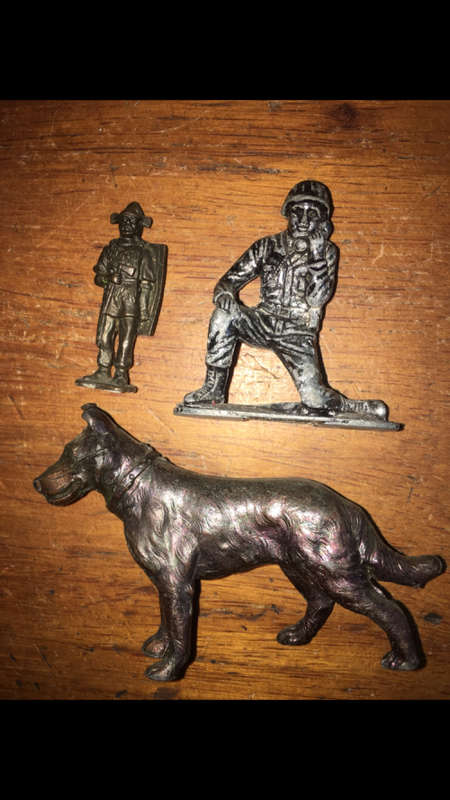 3 x Small Metal Figures - Soldier and Dog