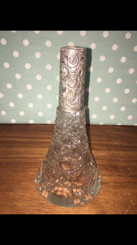 Antique Cut Glass Perfume bottle with Silver sleeve - No lid