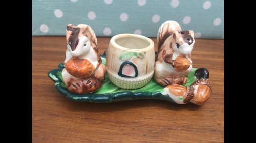 Vintage Squirrel Shaped Shaped Salt and Pepper set with toothpick holder - Made in Japan