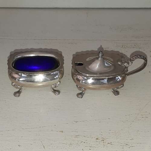 Small EPNS Mustard and Salt Pots with Blue Glass