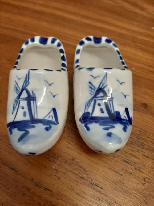 Elweco Hand Painted Delft Blue Clogg Ashtrays - Pair - 10.5cm