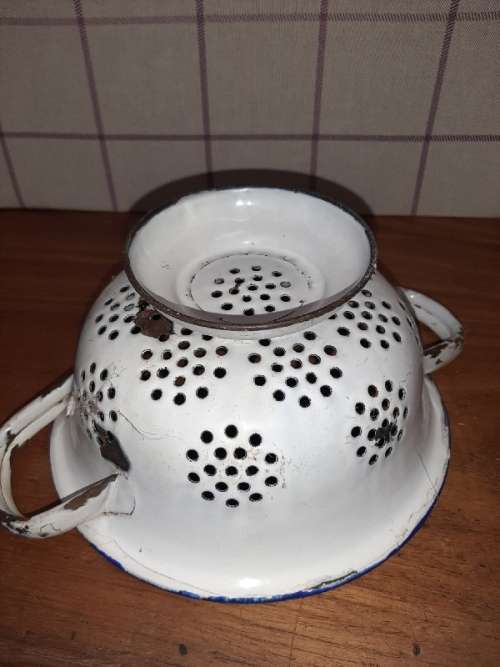 Vintage Enamel Strainer with Blue Trim