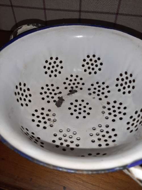 Vintage Enamel Strainer with Blue Trim