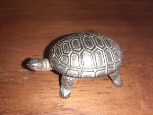 Vintage Metal Tortoise Lidded Dish with Mini Tweezers - Snuff box / Pill Box