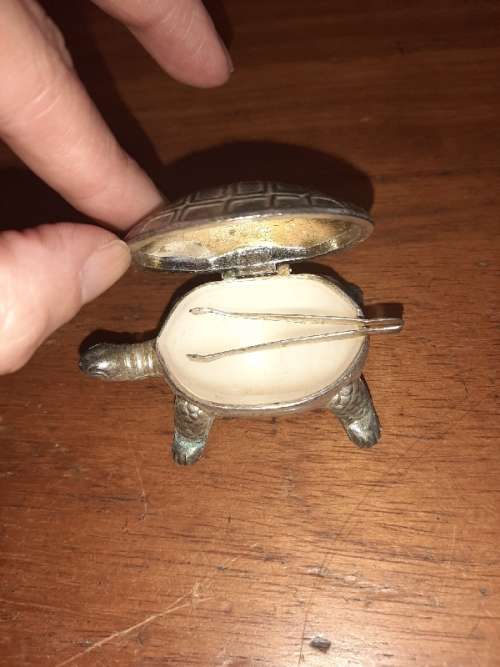 Vintage Metal Tortoise Lidded Dish with Mini Tweezers - Snuff box / Pill Box