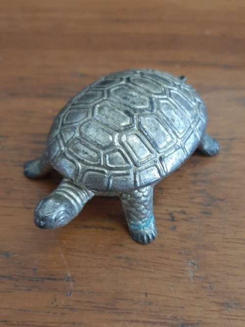 Vintage Metal Tortoise Lidded Dish with Mini Tweezers - Snuff box / Pill Box