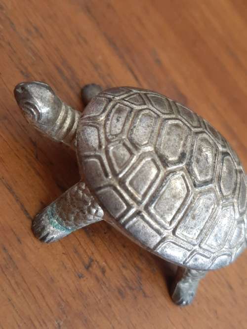 Vintage Metal Tortoise Lidded Dish with Mini Tweezers - Snuff box / Pill Box