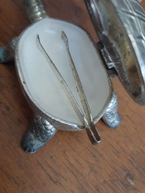 Vintage Metal Tortoise Lidded Dish with Mini Tweezers - Snuff box / Pill Box