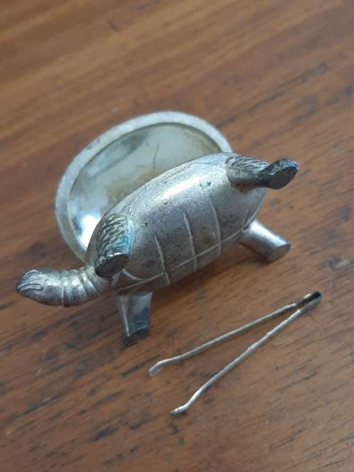 Vintage Metal Tortoise Lidded Dish with Mini Tweezers - Snuff box / Pill Box