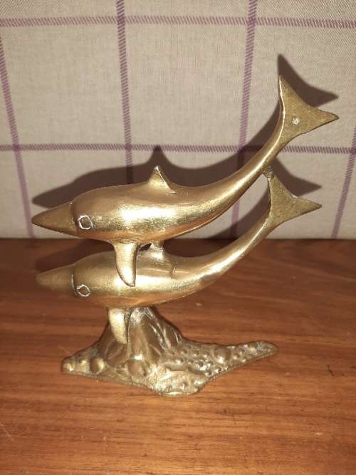 2 x Solid Brass Dolphins on a stand - Height - +- 12cm
