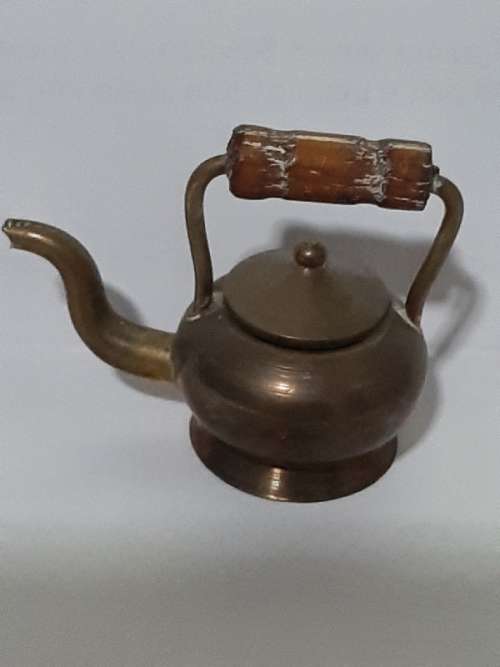 Solid Brass - Miniature Brass Kettle with wooden handle