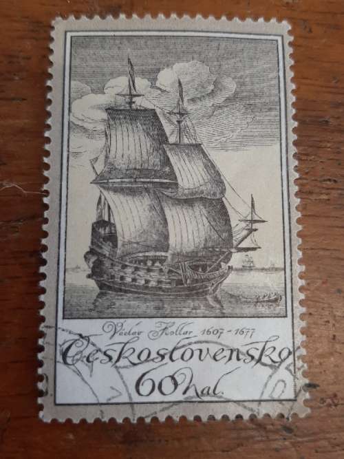 Ceskoslovesko - Czechoslovakia stamp shows old engraving of ship by Vaclav Hollar (1607-77)