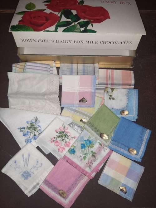 Vintage Chocolate box filled with 15 x Vintage Handkerchiefs
