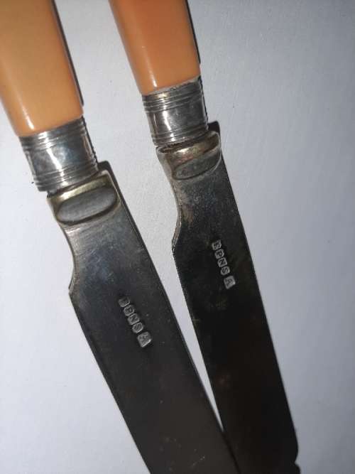 2 x Vintage Fish Knives - Bone Handle with Sterling cuff
