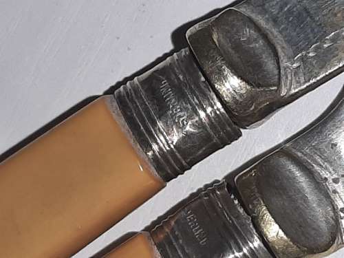 2 x Vintage Fish Knives - Bone Handle with Sterling cuff