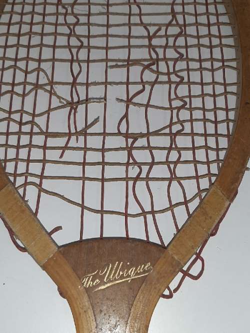 Antique Early 20th Century Wooden Ubique Tennis Racket with Fishtail Handle