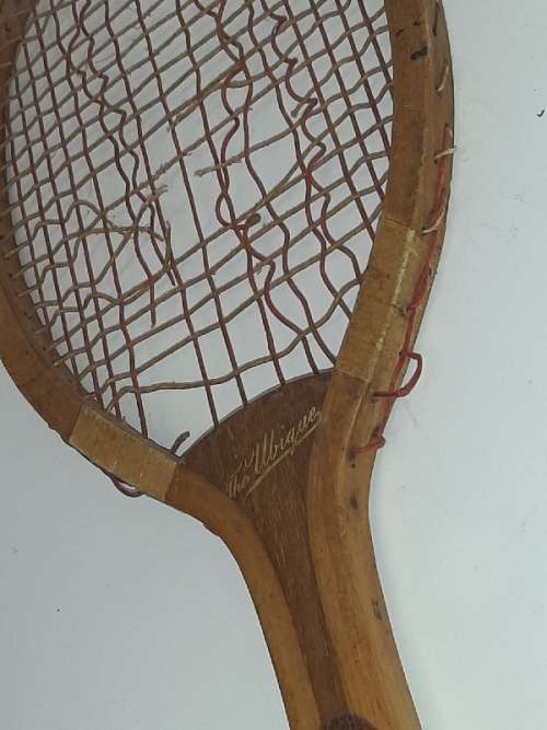 Antique Early 20th Century Wooden Ubique Tennis Racket with Fishtail Handle