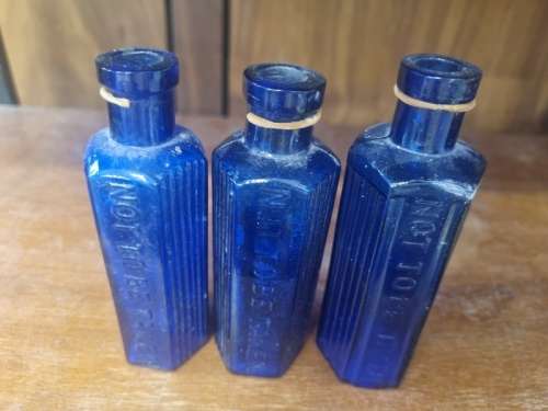 3 x Antique Cobalt Blue Ribbed Hexagon Shaped Poison 'not to be taken' bottles