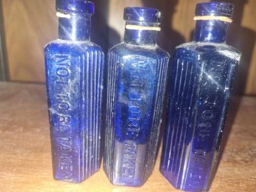 3 x Antique Cobalt Blue Ribbed Hexagon Shaped Poison 'not to be taken' bottles