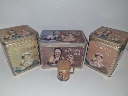 Set of 3 Mazawattee Tins with Salt Shaker