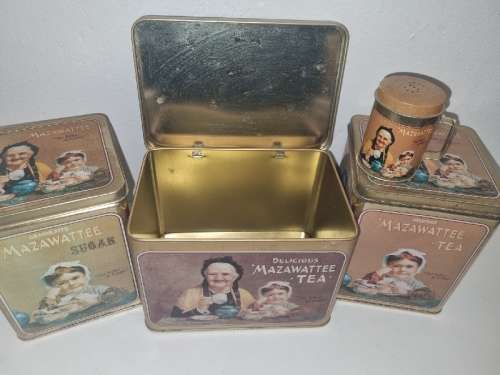Set of 3 Mazawattee Tins with Salt Shaker