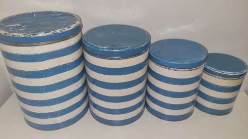 Set of 4 Vintage Tins - Blue and white striped tins