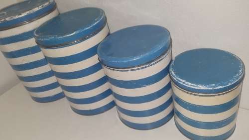 Set of 4 Vintage Tins - Blue and white striped tins