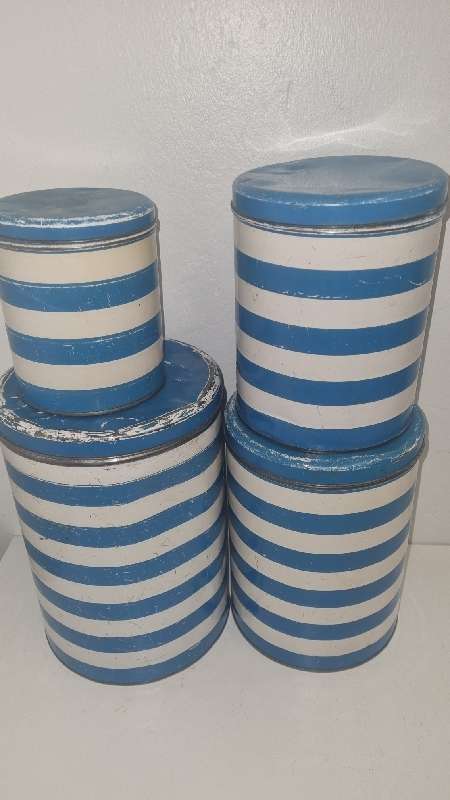 Set of 4 Vintage Tins - Blue and white striped tins