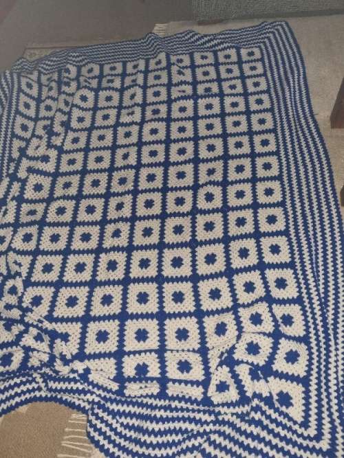Very Large Blue and white Crochet Blanket - 2.28m x 1.83m