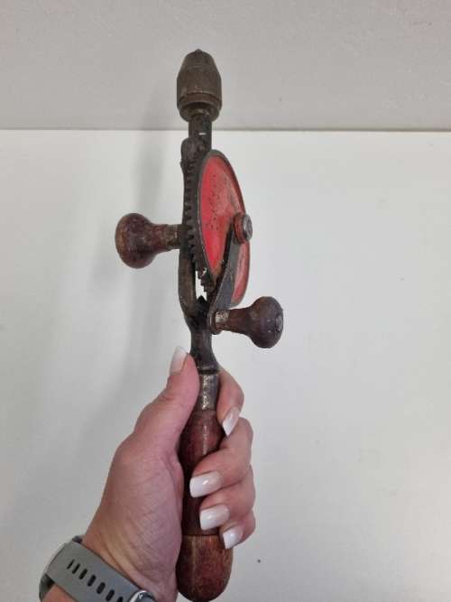 Vintage Hand Drill with Wooden Handle