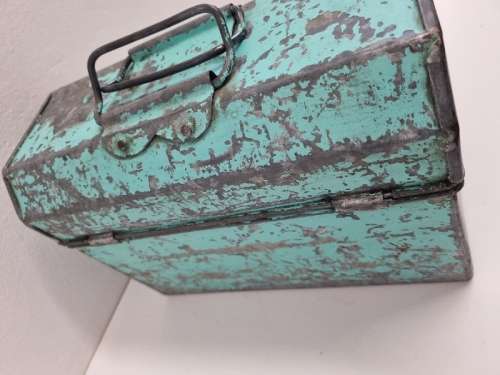 Vintage Turquoise Tin Container / Metal box - Lots of character - Retro Box