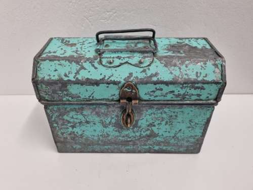 Vintage Turquoise Tin Container / Metal box - Lots of character - Retro Box