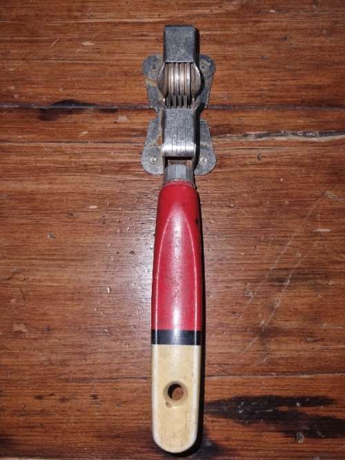 Vintage Knife Sharpener with Red Wooden Handle