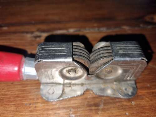 Vintage Knife Sharpener with Red Wooden Handle