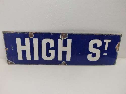 Vintage Blue Enamel Street name - High Street - 51cm x 15.5cm - Enamel sign